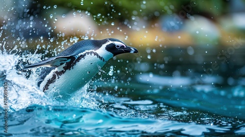 A penguin diving into the water with a splash, showcasing their graceful swimming abilities.