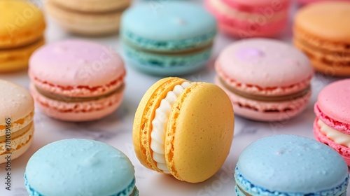 Assorted colorful macarons in a row with selective focus on a bright background 