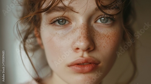 Close up of woman with freckles on face