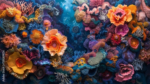 Vibrant digital art of a coral reef ecosystem with diverse marine flora 