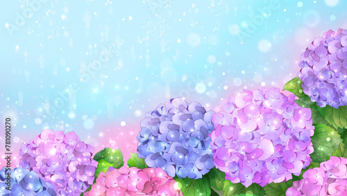 紫陽花 水彩画 素材 風景 梅雨 雨粒 キラキラ ポスター メッセージカード 挿絵 さわやか 16:9