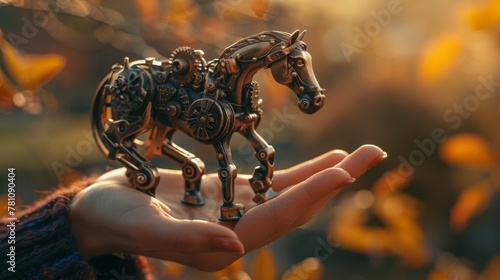 A delicate, hand-held steampunk horse figurine is presented against a warm, autumnal backdrop, with intricate gears and metallic details highlighted by the soft sunset light.