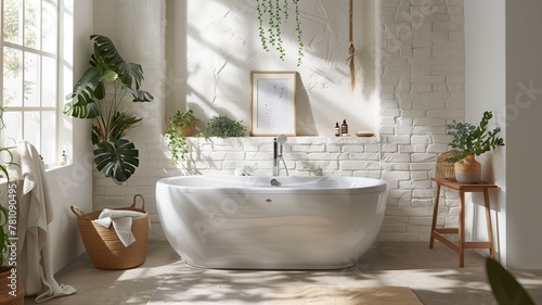 Bathroom interior with bathtub, sink, and mirror.Generative AI illustration © naphat