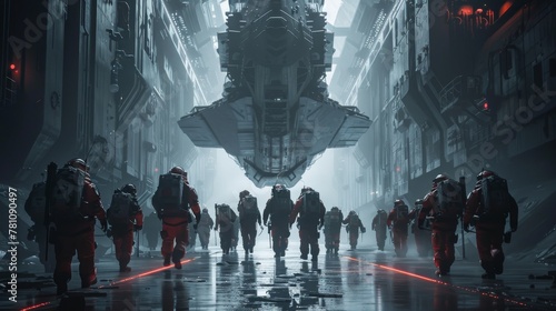 A crew of spacefarers marches through a cybernetic cityscape, with a massive starship hovering above, exuding a powerful sense of adventure and the unknown.