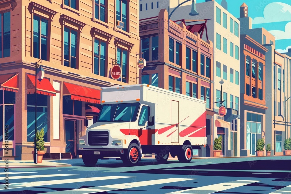 Illustration of a delivery truck driving along a city street.