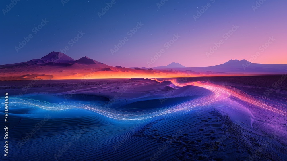 A beautiful landscape with mountains in the background and a river flowing through the desert. The sky is a deep blue with a few stars visible