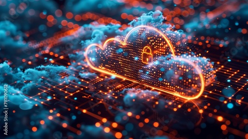 Cloud Storage: A cloud icon with a digital lock, symbolizing secure data storage