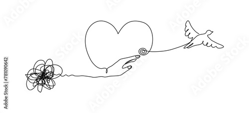 Continuous line art of tangle wire hand with hearth and bird in mental health concept.	
