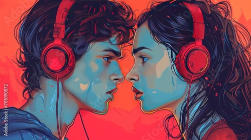In a vibrant clash of hues, a young man and woman lock eyes, sharing a silent dialogue, connected by their headphones and the beats they share. photo