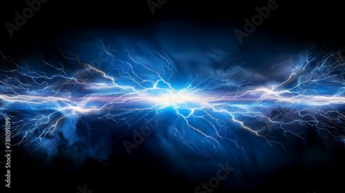 striking image of a bright blue lightning bolt piercing through a dark sky. This powerful and electrifying photo captures the raw energy and intensity of a lightning storm. Perfect for illustrating 
