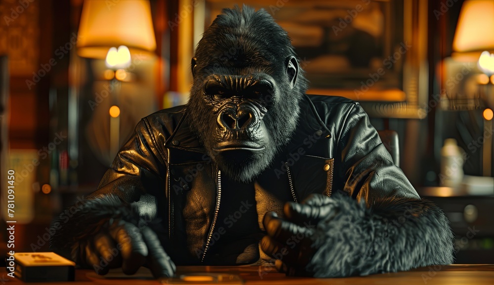 A gorilla-headed broker in a robust leather jacket powerfully secures high-stake deals
