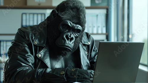 A gorilla-headed broker in a robust leather jacket powerfully secures high-stake deals, realistic ,  cinematic style. photo
