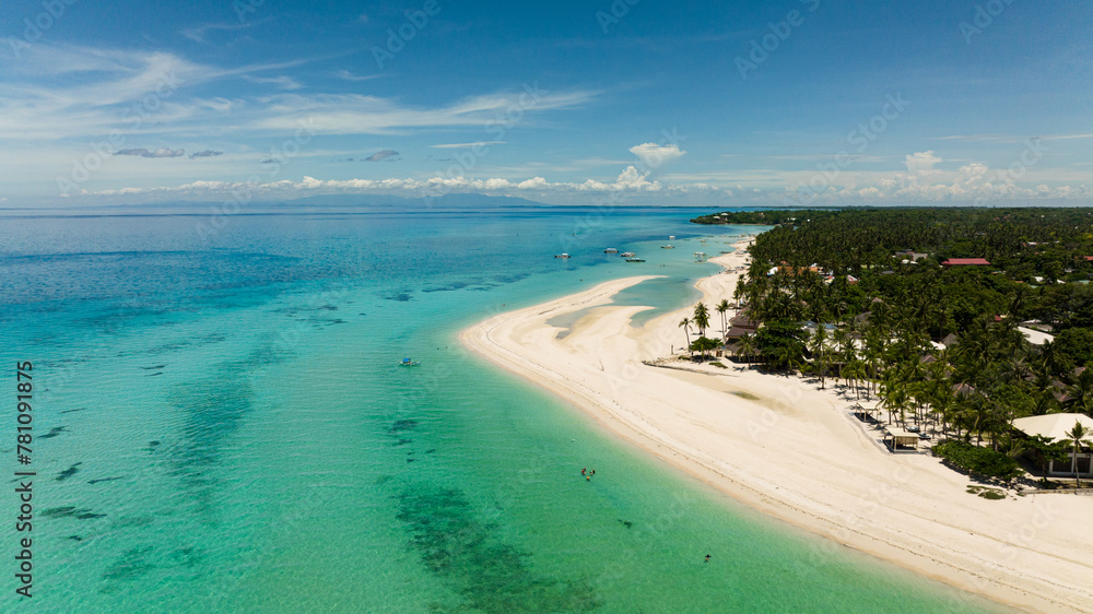 Aerial view of Tropical sandy beach and blue sea. Bantayan island, Philippines. Kota Beach.