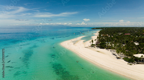 Aerial view of Tropical sandy beach and blue sea. Bantayan island, Philippines. Kota Beach.