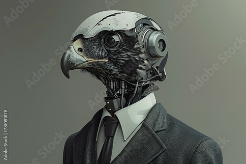 A robot with a hawk head, wearing a pilot's blazer, scouts for high-flying stocks, realistic , cinematic style.