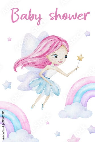 Little fairy with magic wand, rainbow and stars. Cute baby shower watercolor invitation card. Layout of children's birthday postcard. New born celebration. Template of newborn's party invitation.