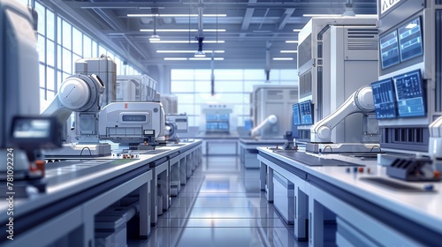 Science and Technology: A 3D vector illustration of a laboratory environment with automated machines and robotic