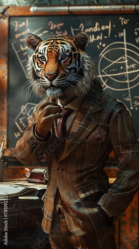 A tiger physicist in a dynamic suit harnesses quantum mechanics, stripes blending into the chalk equations