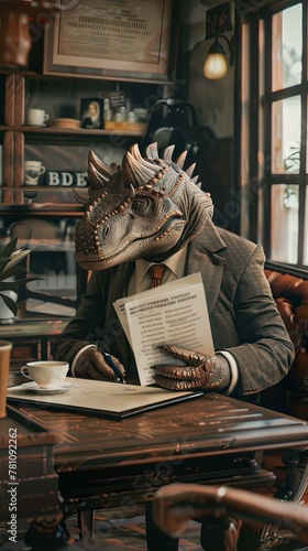 Ankylosaurus educator in a smart suit grades papers in a coffee shop