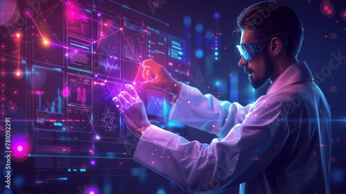 Science and Technology  A 3D vector illustration of a researcher analyzing data on a transparent digital interface