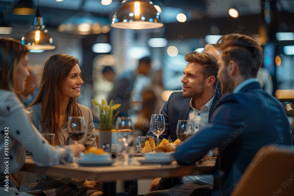 A group of people are sitting at a table with wine glasses and plates of food