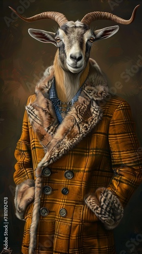 Goat in a fashionable coat browses art for office decor, realistic , cinematic style.