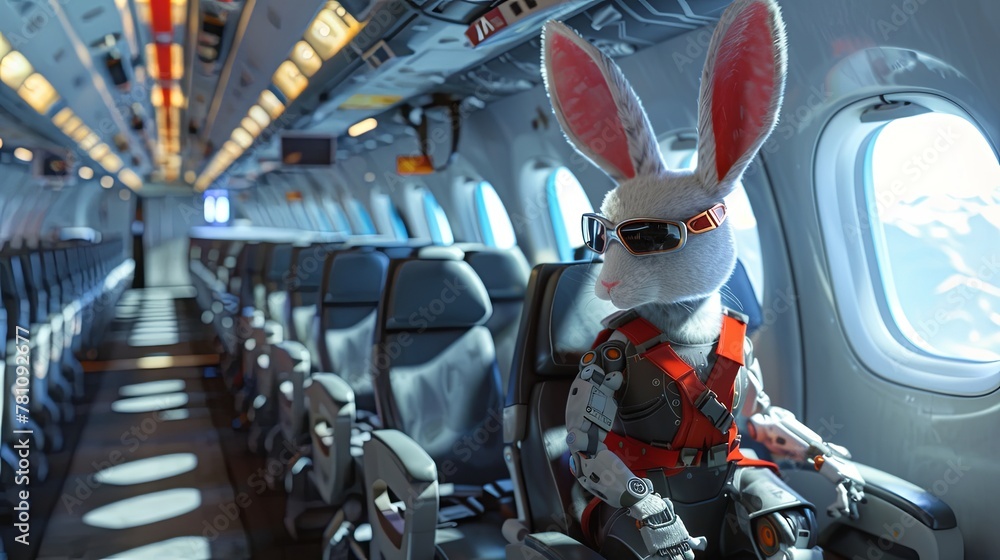 Rabbit robot in athletic wear plans a hop strategy on a plane ...