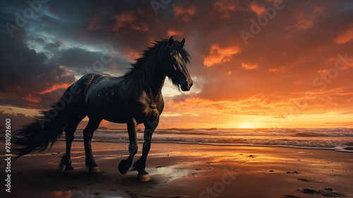 Black horse standing on top of a sandy beach under a cloudy blue and orange sky with a sunset.