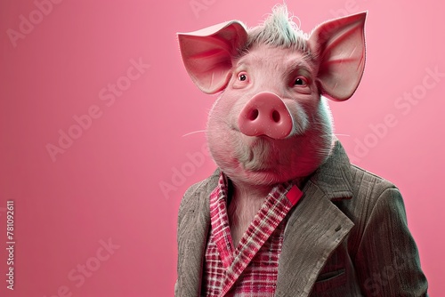 Pig in a trendy blazer pitches a sustainable business model, realistic , cinematic style.