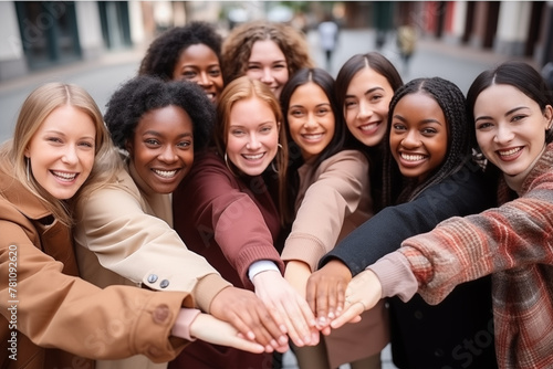 Diverse ensemble of buddies embracing and gripping hands