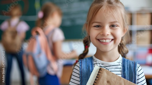 Happy smiling cute little girl excited to go back to school and continue her education with friends on background in school classroom photo