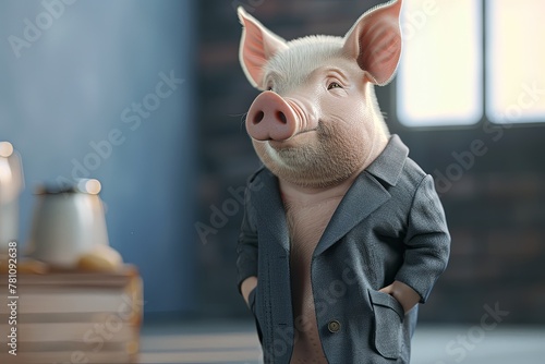 Pig in a trendy blazer pitches a sustainable business model, realistic , cinematic style.