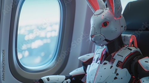 Rabbit robot in athletic wear plans a hop strategy on a plane, realistic , cinematic style.