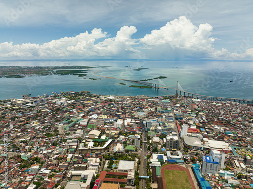 Top view of Cebu city with tall buildings. Cebu Cordova Link Expressway. Philippines.