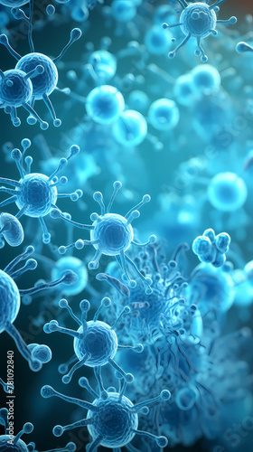 Microorganism rendering medical background, abstract microscopic world of bacteria or viruses