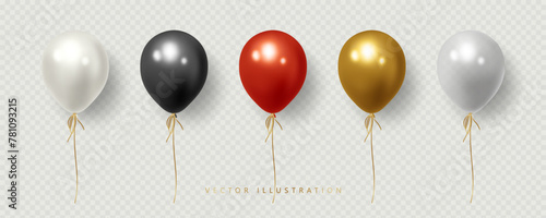 Realistic red, black, white, golden, and transparent grey balloons. Vector illustration, Isolated
