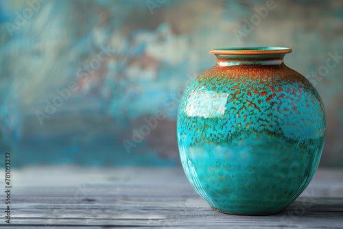 Slide background with a verdigris ceramic vase and place for text. Created with Generative AI technology. photo