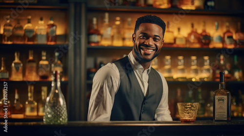 A photo portrait of a young African American barman at the bar counter, smiling bartender working in a pub or nightclub, making a drink for a party