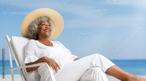 A photo of a relaxed senior African American woman sunbathing on the beach, by the blue sea, middle aged people vacation concept, happiness moment, smiling mature women solo traveling