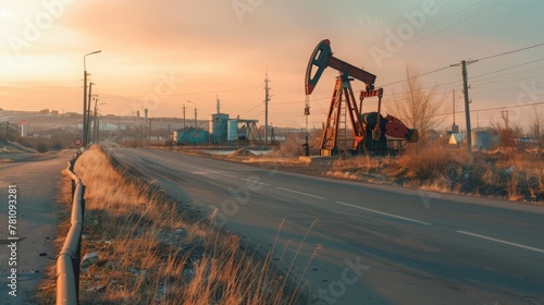 Old crude oil pumpjack rig on desert silhouette in evening sunset, energy industrial machine for petroleum gas production background. photo