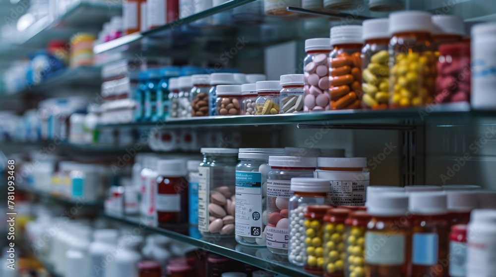 Pharmacy Counter Display: Assorted Prescription Medications in Close-Up