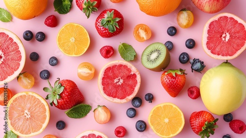 Fresh fruit assortment on a colorful background. A tasty and healthy food choice.