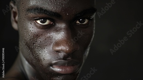A striking, equal-toned photograph with impeccable skin and significant whitespace.