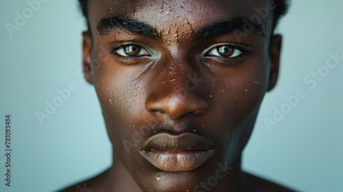 A striking, equal-toned photograph with impeccable skin and significant whitespace.