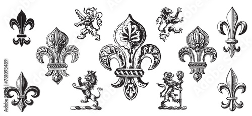 Royal Vector. Medieval coat of arms. Lys De Fleur. Rich Royal icon. Knights helmet design. Vintage retro style. Engraving Royalty Emblem. Heraldic King  Icon photo