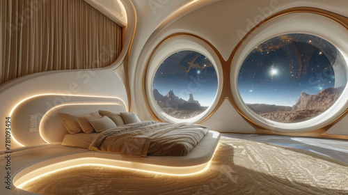 Luxurious futuristic hotel on planet in outer space, moon residence in future. Hotel bedroom with illuminator, view of extraterrestrial landscape, space with galaxies and stars, interstellar tourism