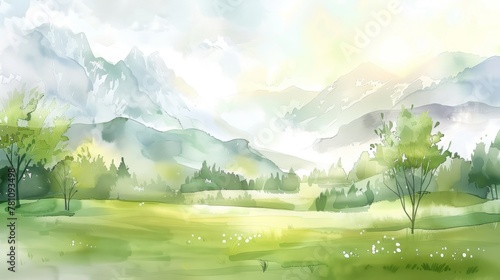 watercolor painting of a green field with majestic mountains in the background. Perfect for nature lovers and landscape enthusiasts