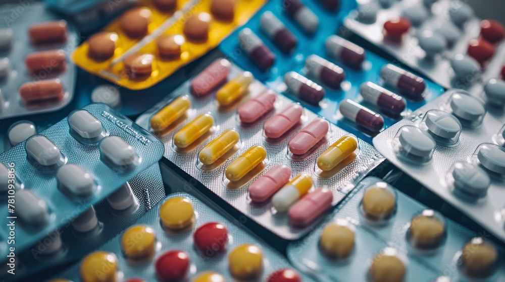 Pharmacy Counter Display: Assorted Prescription Medications in Close-Up Pharmacy Counter Display: Assorted Prescription Medications in Close-Up