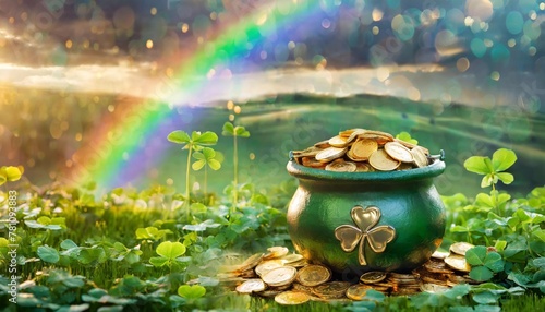 leprechaun pot with gold coins on clover meadow with rainbow st patrick s day