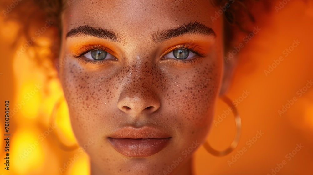 vibrant orange-toned image featuring flawless skin and ample copy space.